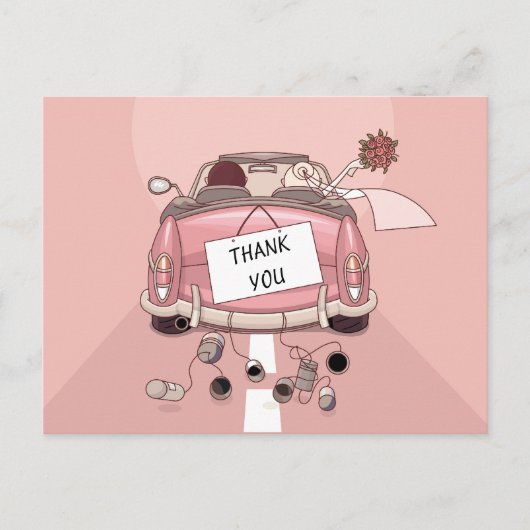 Carte Postale Pink Thank You Wedding Car Bride & Groom Cartoon (Devant)