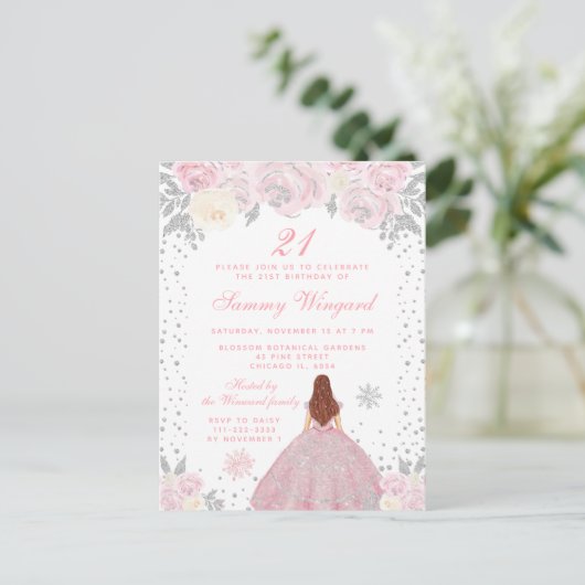 Carte Postale Pink Winter Brown cheveux Princesse Anniversaire (Debout devant)