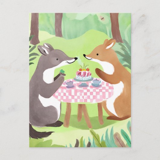 Carte Postale Pique-nique d'animaux forestiers | Aquarelle migno (Devant)