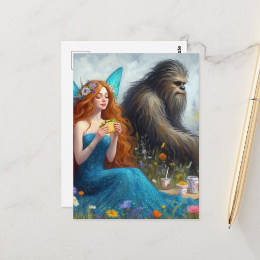 Carte Postale Pique-nique de fée et de Sasquatch (Devant/Arrière en situation)