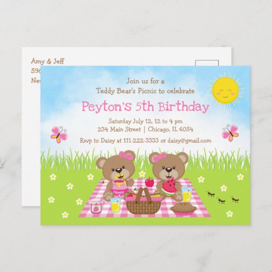 Carte Postale Pique-nique de l'ours en peluche rose Gingham Anni (Devant / Derrière)