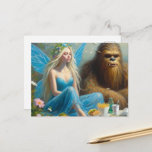 Carte Postale Pique-nique Fast Food avec Sasquatch et la Fée (Devant/Arrière en situation)