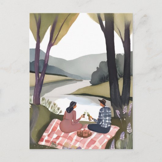 Carte Postale Pique-nique Lakeside | Peinture d'aquarelle nature (Devant)