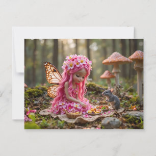 Carte Postale Pique-nique mignon rose Pixie et souris