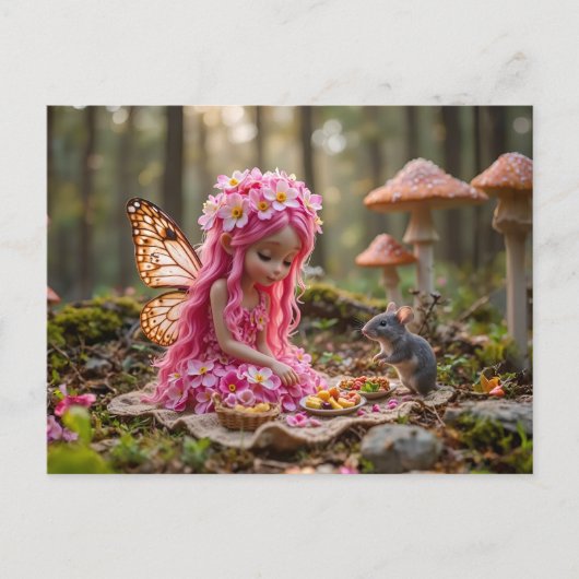 Carte Postale Pique-nique mignon rose Pixie et souris (Devant)