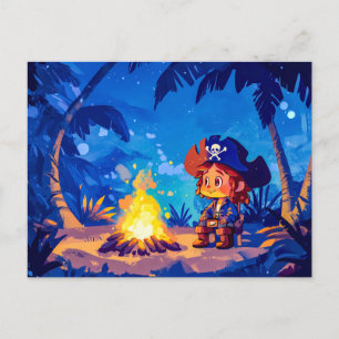 Carte Postale Pirate assis près d'un feu de camp sous les palmie