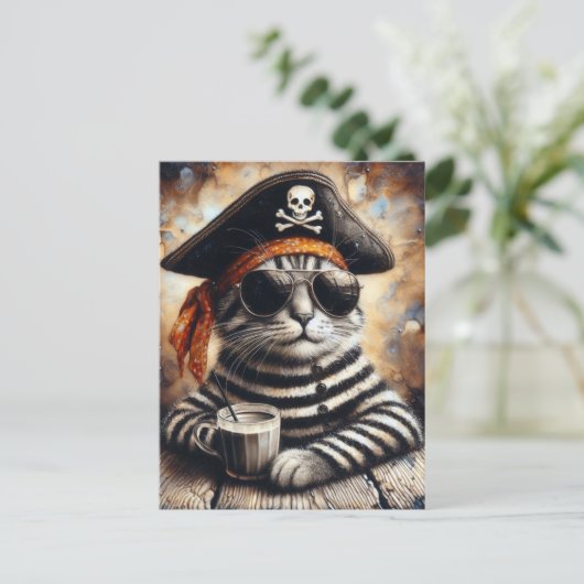 Carte Postale Pirate cat avec un café (Debout devant)