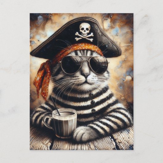 Carte Postale Pirate cat avec un café (Devant)