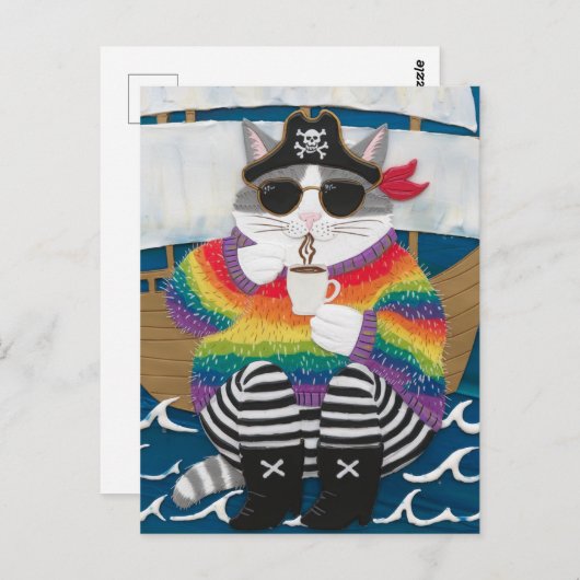 Carte Postale Pirate chat arc-en-ciel pull fuzzé avec un café (Devant / Derrière)