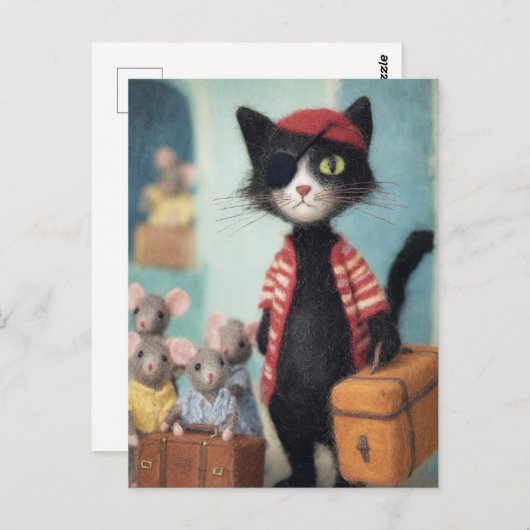 Carte Postale Pirate de chat noir et souris (Devant / Derrière)