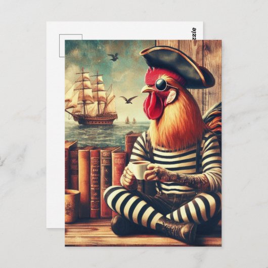 Carte Postale Pirate de coq avec café (Devant / Derrière)