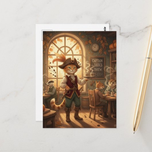 Carte Postale Pirate Félin Sert du Café (Devant/Arrière en situation)