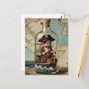Carte Postale Pirate Kitty dans un navire dans une bouteille