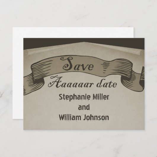 Carte postale Pirate Scroll Save the Date, Marron (Devant / Derrière)