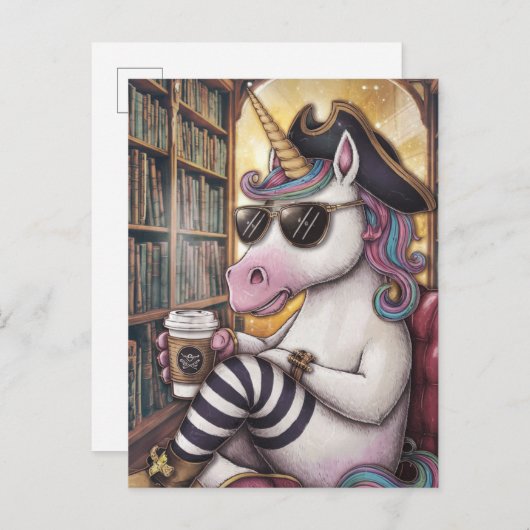 Carte Postale Pirate Unicorne avec un café (Devant / Derrière)