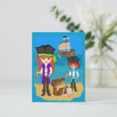 Carte Postale Pirates filles et garçons avec navire sur la plage (Debout devant)