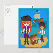 Carte Postale Pirates filles et garçons avec navire sur la plage (Devant / Derrière)