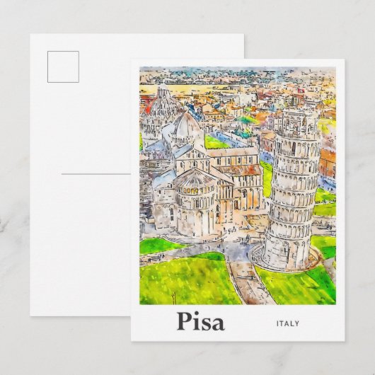 Carte Postale Pisa Italie Aquarelle Dessin main (Devant / Derrière)