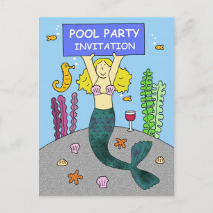 Carte Postale Piscine Invitation Cartoon Mermaid