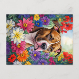 Carte Postale Pitbull dans le jardin des fleurs