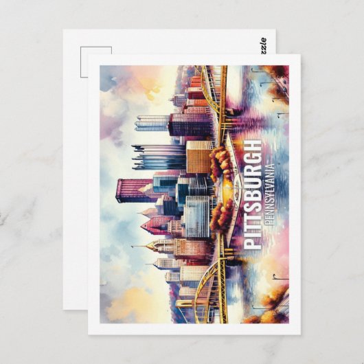 Carte Postale Pittsburgh Pennsylvanie Fameux Voyage aquarelle (Devant / Derrière)