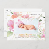 Carte Postale PixDezines Fleurs d'aquarelle bleu Fille Naissance (Devant / Derrière)