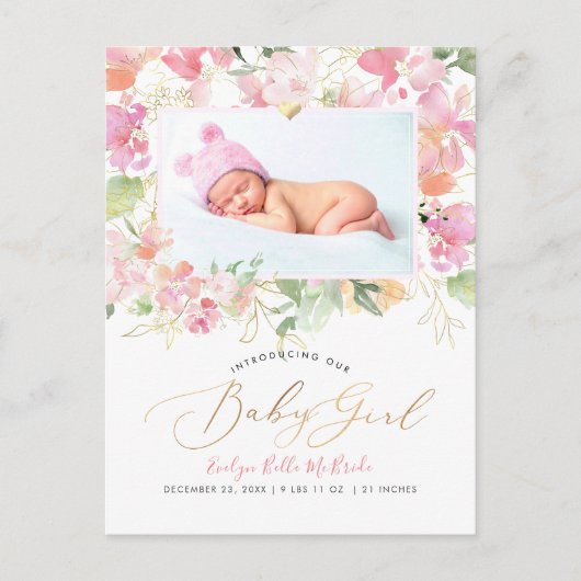 Carte Postale PixDezines Fleurs d'aquarelle bleu Fille Naissance (Devant)
