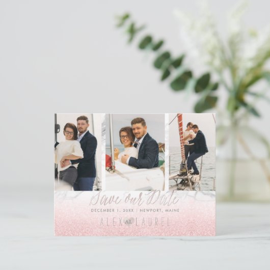 Carte Postale PixDezines Marble+Rose Bleu Enregistrer la date (Debout devant)