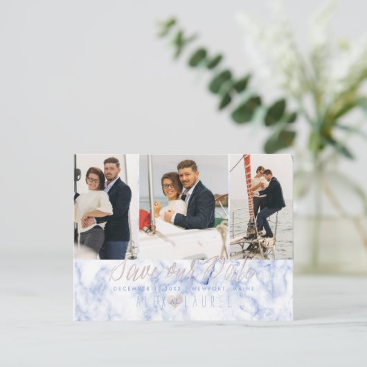 Carte Postale PixDezines Marble+Rose Bleu Enregistrer la date (Debout devant)