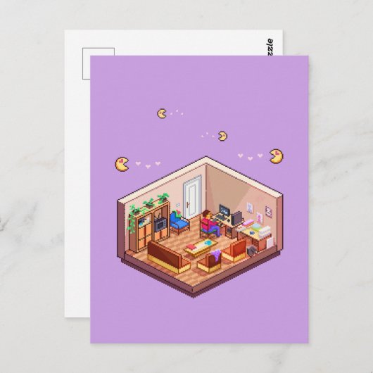 Carte Postale Pixel isométrique Pixel Art Jeu PC Room (Devant / Derrière)