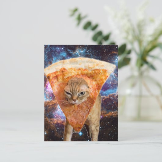 Carte Postale Pizza Chat dans l'espace avec Pizza Slice (Debout devant)