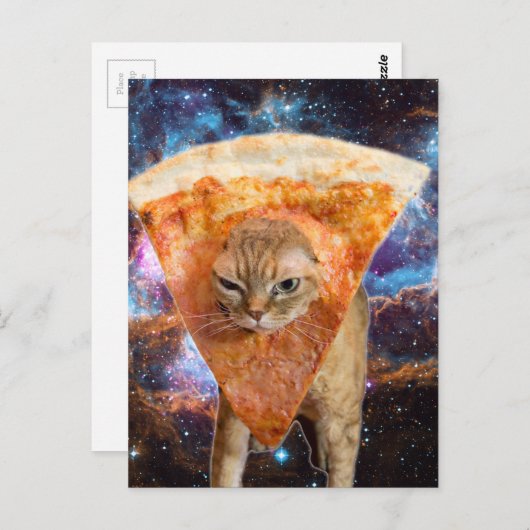 Carte Postale Pizza Chat dans l'espace avec Pizza Slice (Devant / Derrière)