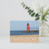 Carte Postale Plage avec mouettes et phare (Debout devant)