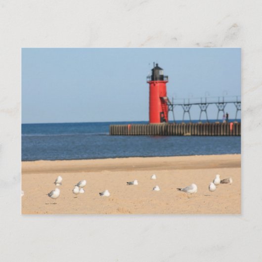 Carte Postale Plage avec mouettes et phare (Devant)