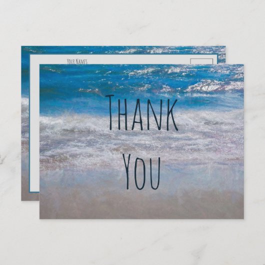 Carte Postale Plage Bleu Blanc Côté Océan Vague Merci (Devant / Derrière)
