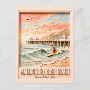 Carte Postale Plage de Surfrider à Malibu Surfant Texte 3D Vinta