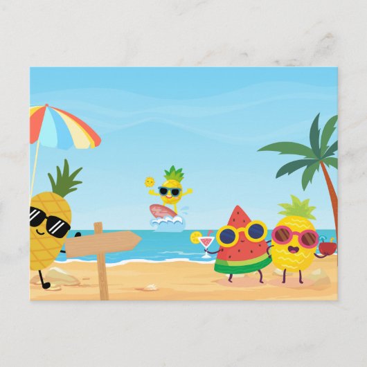 Carte Postale Plage d'été amusant dessin animé fruit (Devant)