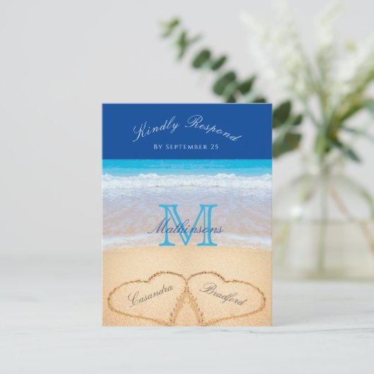 Carte Postale Plage Mariage 2 Coeurs Sand Bleu foncé RSVP (Debout devant)