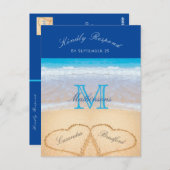 Carte Postale Plage Mariage 2 Coeurs Sand Bleu foncé RSVP (Devant / Derrière)
