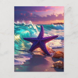 Carte Postale Plage océanique avec étoile de mer violette