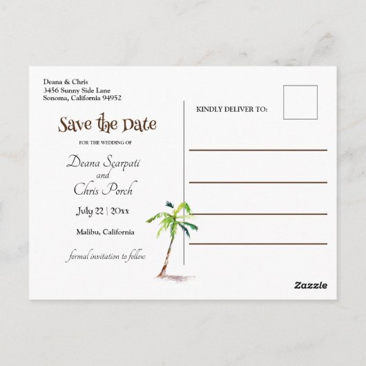 Carte Postale Plage, Palmiers, Océan, Save the Date Mariage (Dos)