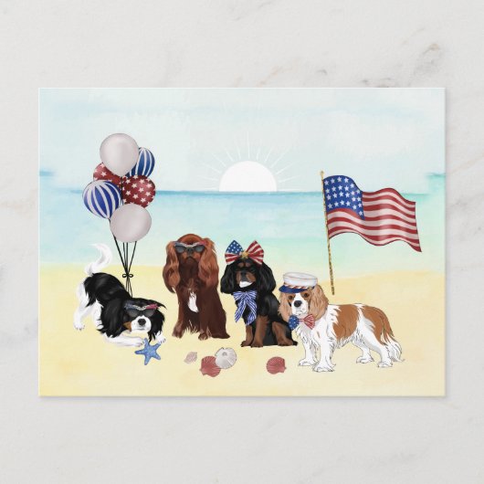 Carte Postale Plage Patriotique Cavalier King Charles Spaniels (Devant)