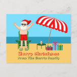 Carte Postale Plage Santa Claus Cute Custom Christmas<br><div class="desc">Cette jolie carte postale de Noël ensoleillée fait la carte postale parfaite pour les beaux jours à la piscine ou à la plage. Faites-en une extravagance amusante sur le thème du pôle nord avec le Père Noël dans ses maillots de bain à côté d'un parapluie de plage rayé rouge et...</div>
