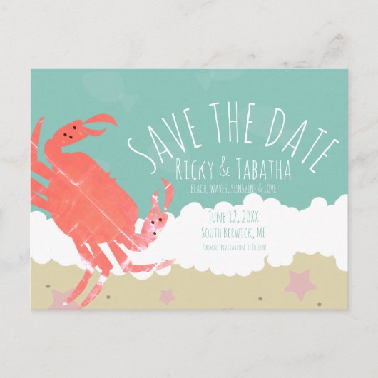Carte Postale Plage Sauvez la date Crabe Sable Ocean Waves (Devant)