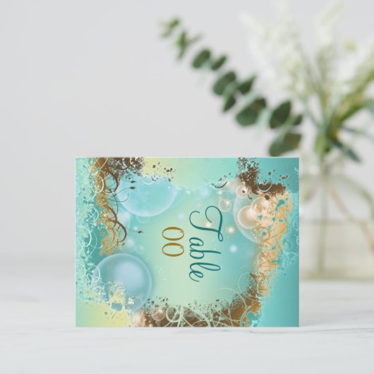 Carte Postale Plage thème mariage "numéro de table" aqua (Debout devant)