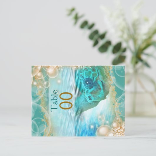 Carte Postale Plage thème tortue mariage "numéro de table" (Debout devant)