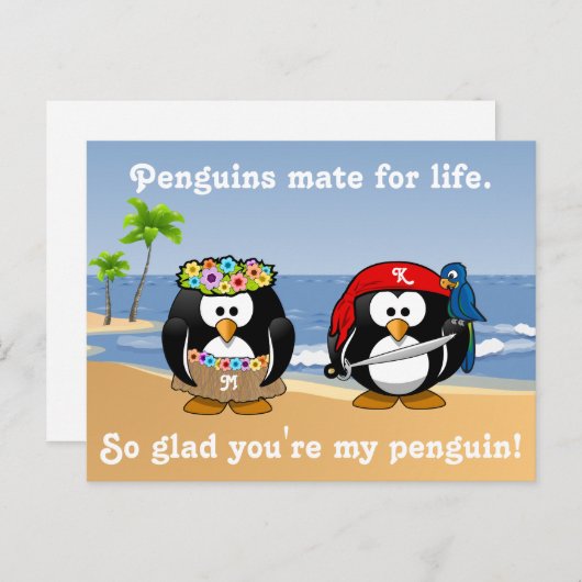 Carte Postale Plage Tropical Penguins Couple Hula Pirate Island (Devant / Derrière)