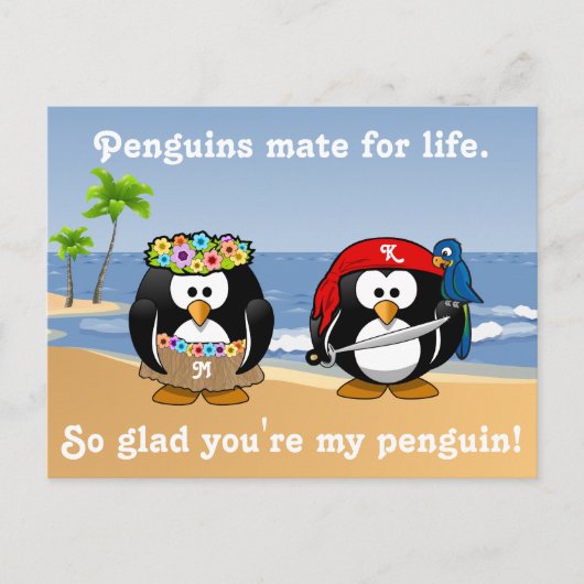 Carte Postale Plage Tropical Penguins Couple Hula Pirate Island (Devant)