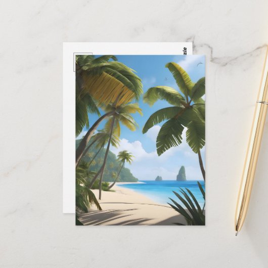 Carte Postale Plage tropicale avec palmiers (Devant/Arrière en situation)