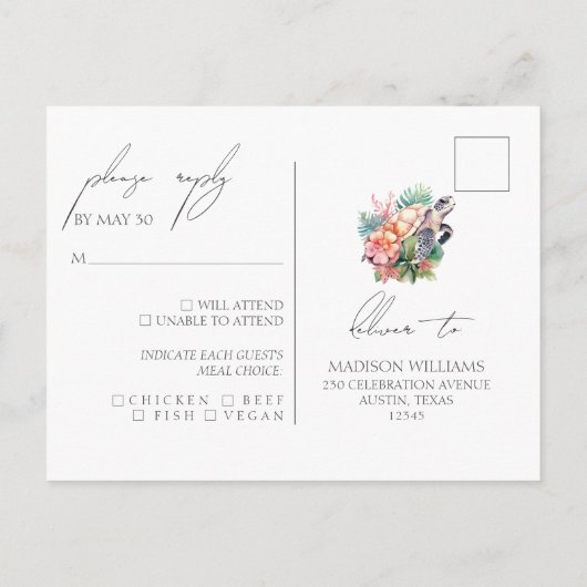 Carte Postale Plage tropicale Mariage RSVP choix de repas (Dos)